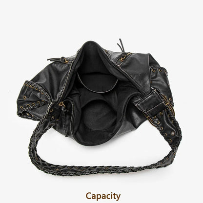 Damen-Hobo-Handtasche Vintage-Stil aus weichem Kunstleder mit geflochtenem Tragegurt und Mehrfach-Reißverschlussfächern