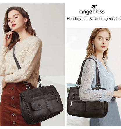 Damen-Handtasche Vintage Schultertasche mit Mehrfachfächern und große Kapazität für iPad und Smartphone
