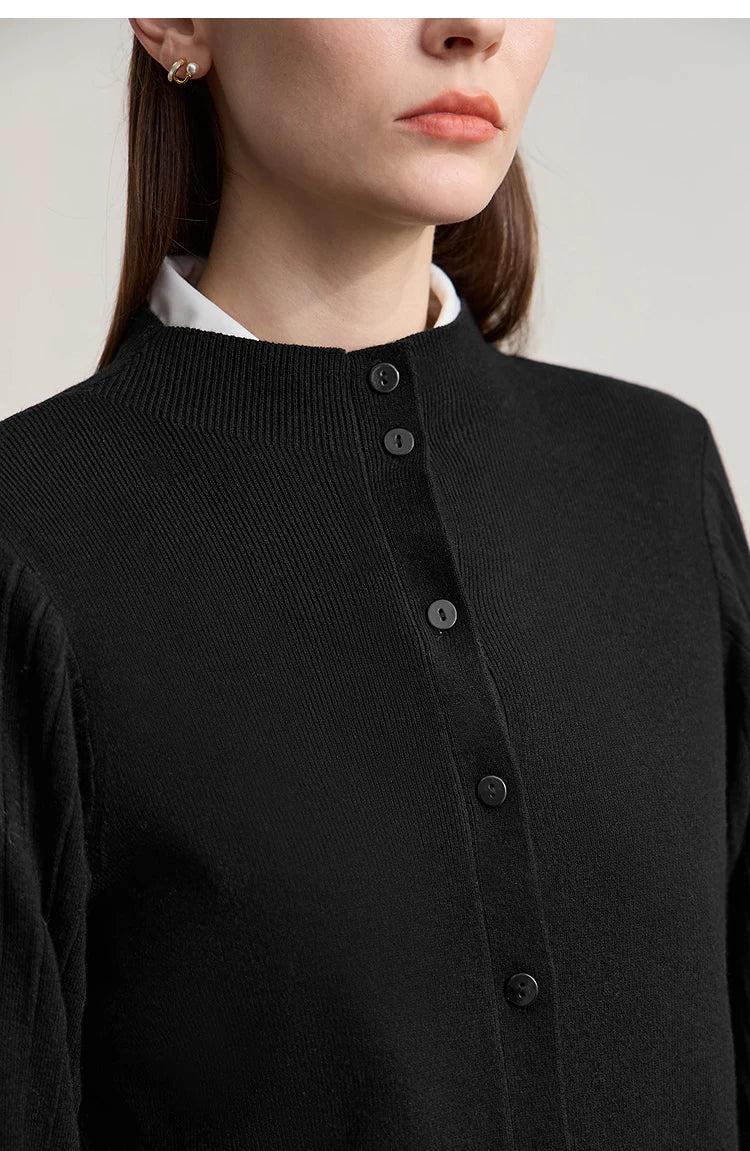Damen-Strickjacke Slim halbhoher Kragen Laternenärmel Wolle-Mix Herbst