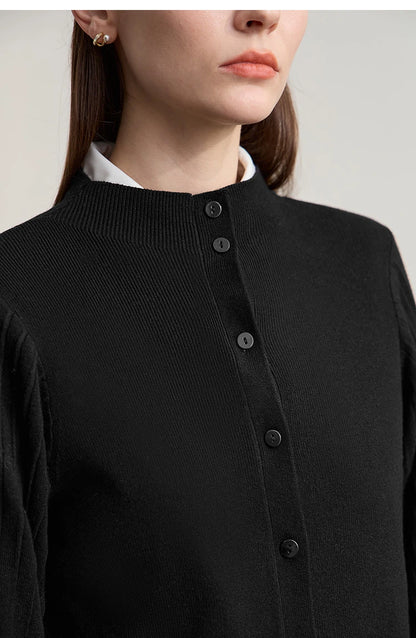 Damen-Strickjacke Slim halbhoher Kragen Laternenärmel Wolle-Mix Herbst