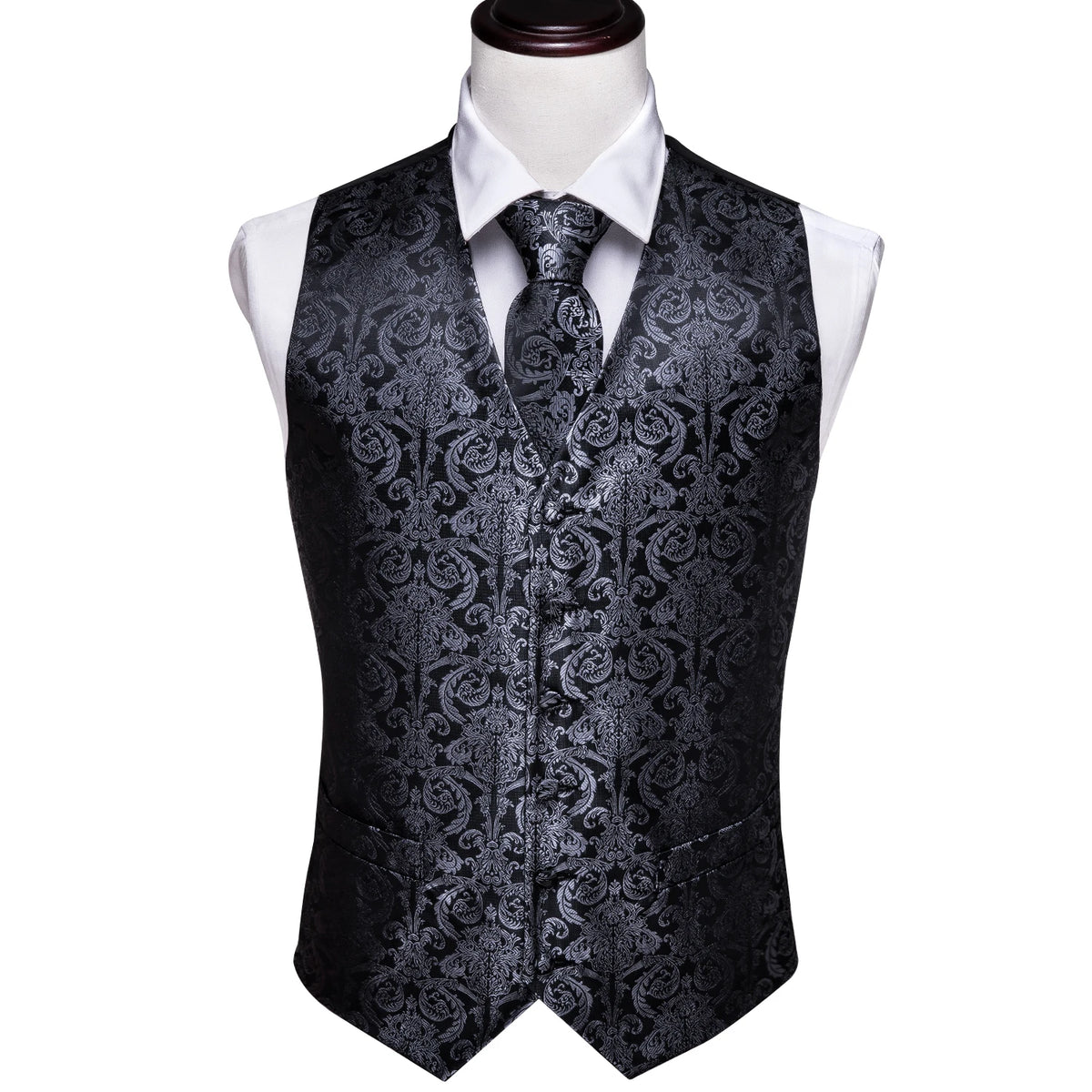 Dunkelgraue Herrenweste mit Paisley-Muster, V-Ausschnitt und Knopfleiste