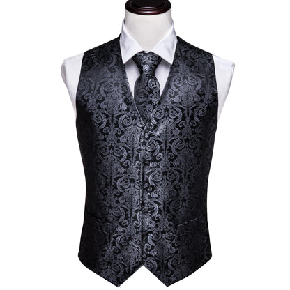 Dunkelgraue Herrenweste mit Paisley-Muster, V-Ausschnitt und Knopfleiste