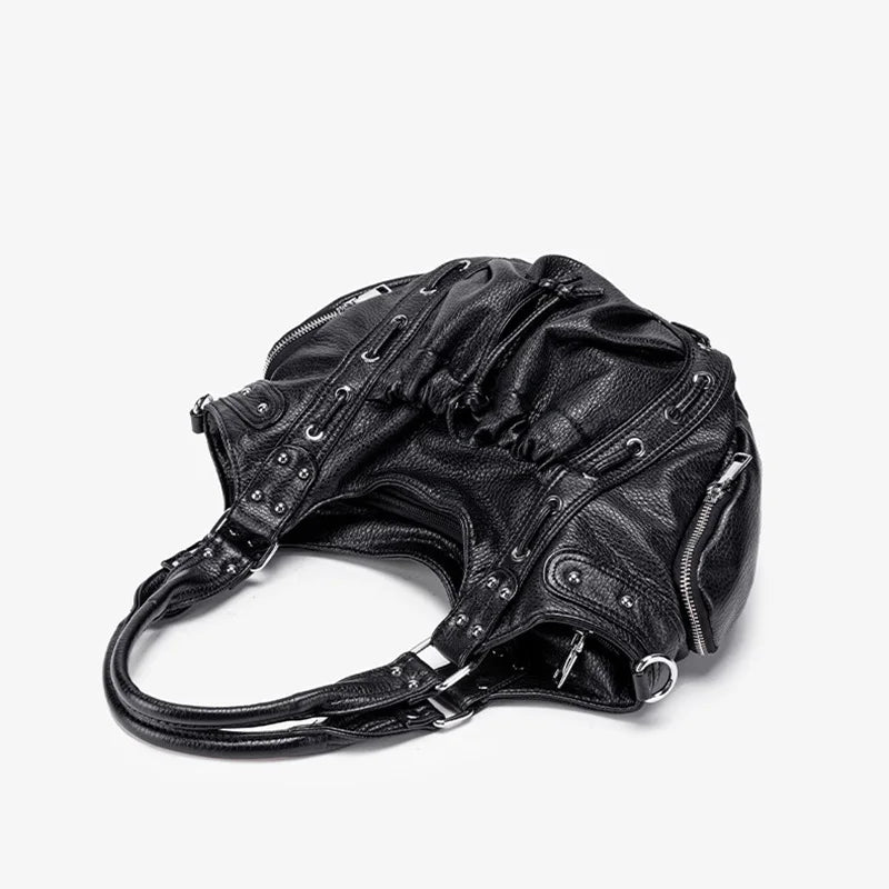 Damen-Hobo-Tasche Aus Leder Im Abgenutzten Retro-Y2K-Biker-Stil Mit Reißverschluss