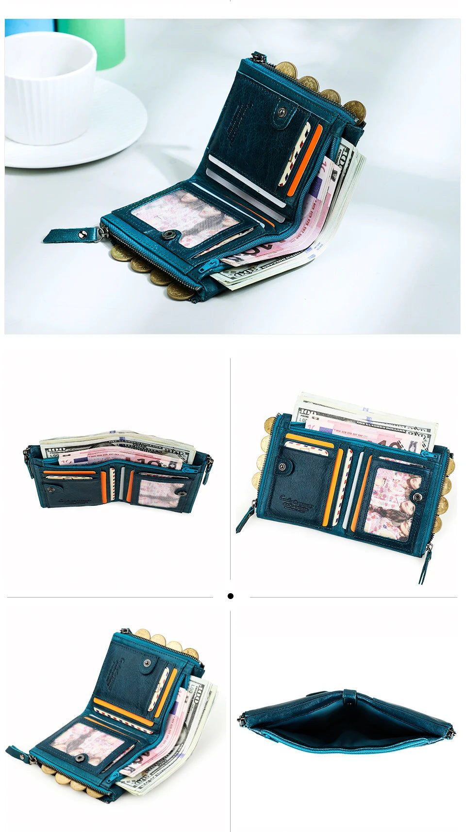 Damen Echtleder Geldbörse Bifold Vintage Portemonnaie Kartenhalter Münzbörse Geldclip