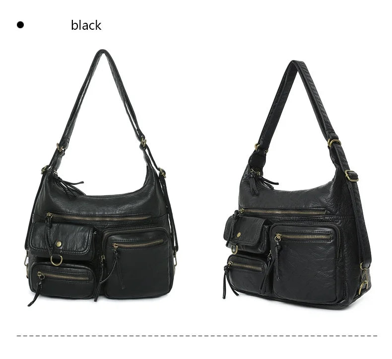 Damen-Schultertasche aus PU Großes Fassungsvermögen mit Innenfächern Vintage-Look Schwarz