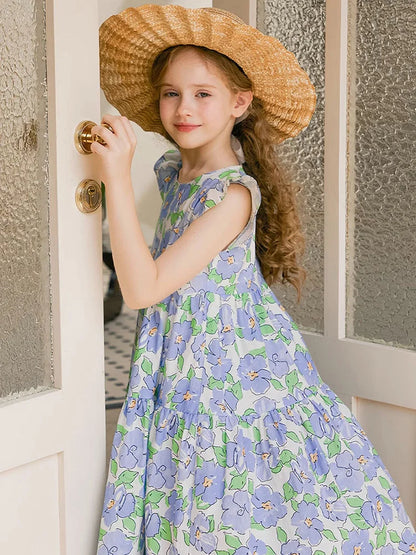 Langärmliges Prinzessinnenkleid aus Gaze in Tiefblau und Rot für Mädchen – Perfekt für Geburtstagsfeiern und Hochzeiten (3-14 Jahre)