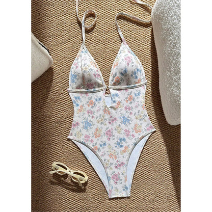 Damen Badeanzug Blumen V-Ausschnitt Neckholder Monokini hoher Beinausschnitt