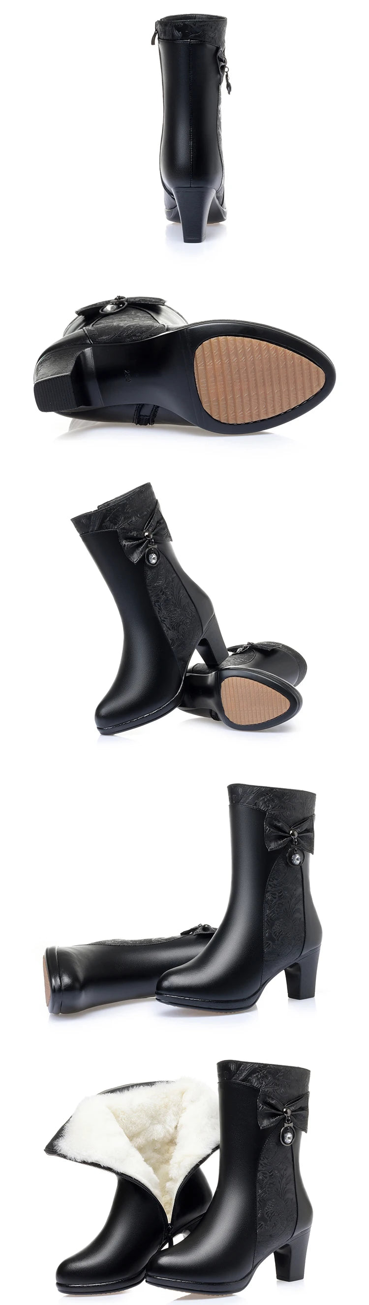 AIYUQI Winter Boots Women Wool Keep Warm 2025 New Genuine Leather Shoes Woman Boots Fashion Bow Female Fashion Boots Thick Heel