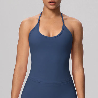 Sport-Bustier für Yoga in Navy, Frontansicht mit dünnen Trägern und Brustpolster