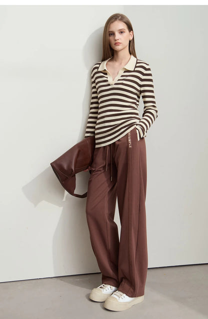 Damen V-Ausschnitt Pullover Streifen Stickerei Polo Kontrastfarben Herbst