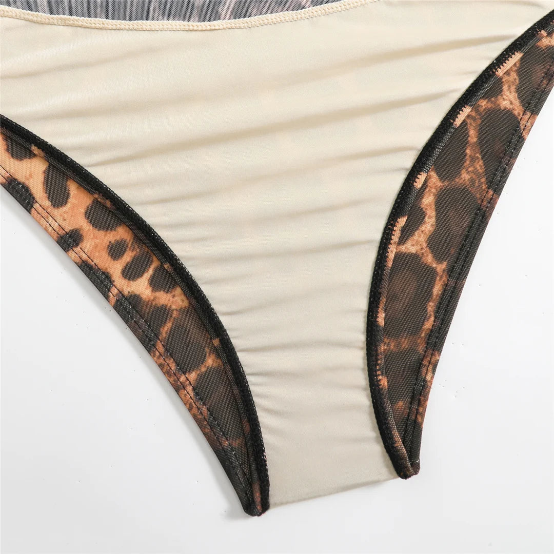 Damen-Badeanzug Leopard Langarm Shorts Set gepolstert einteilig