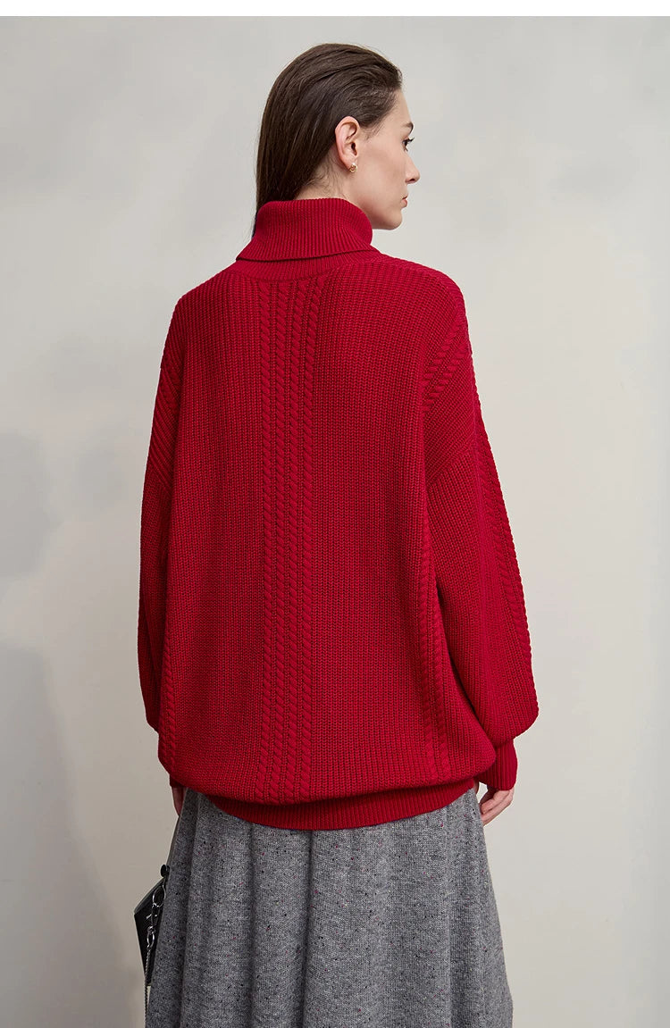 Damen-Rollkragenpullover Wolle lang locker Retro Winter