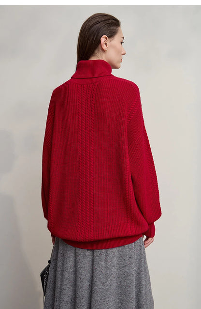 Damen-Rollkragenpullover Wolle lang locker Retro Winter