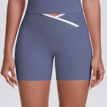 Damen Yoga-Shorts mit hohem Bund, blau-grau, eng anliegend, mit weißem Diagonaldetail