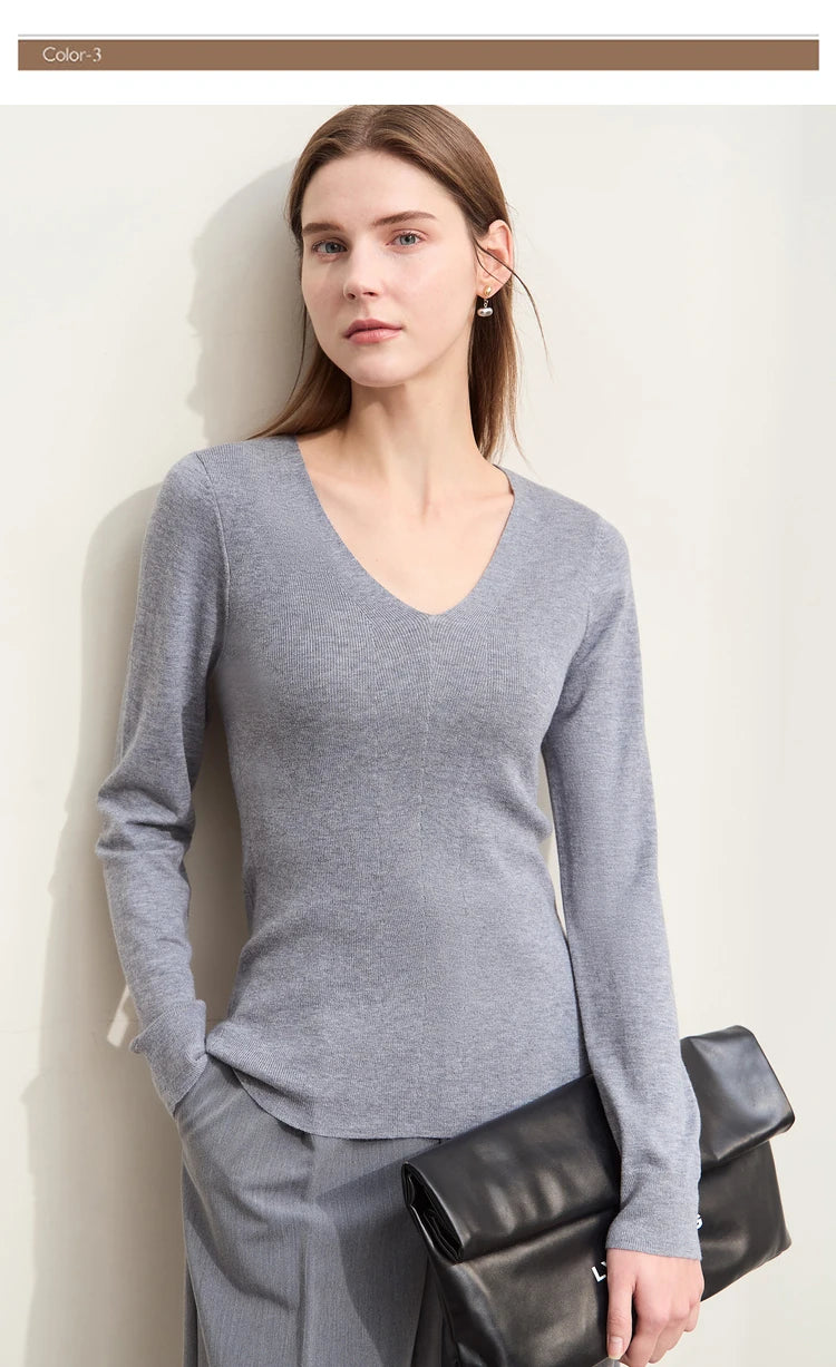 Damen V-Ausschnitt Pullover Wolle-Seide Slim Pendler Herbst