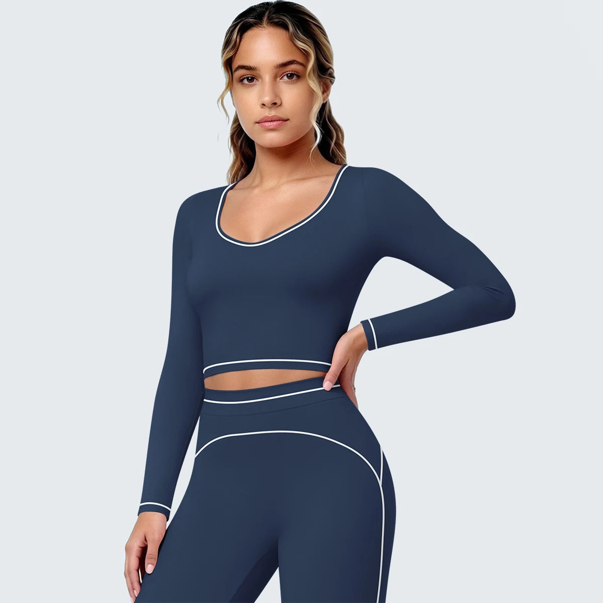 Damen Yoga-Langarmshirt, dunkelblau mit V-Ausschnitt, schmalen Bündchen und Nahtlinien