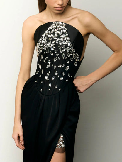 Elegantes Midi-Kleid mit schulterfreiem Ausschnitt, langen Ärmeln und Pailletten-Patchwork – figurbetontes Design für Damen