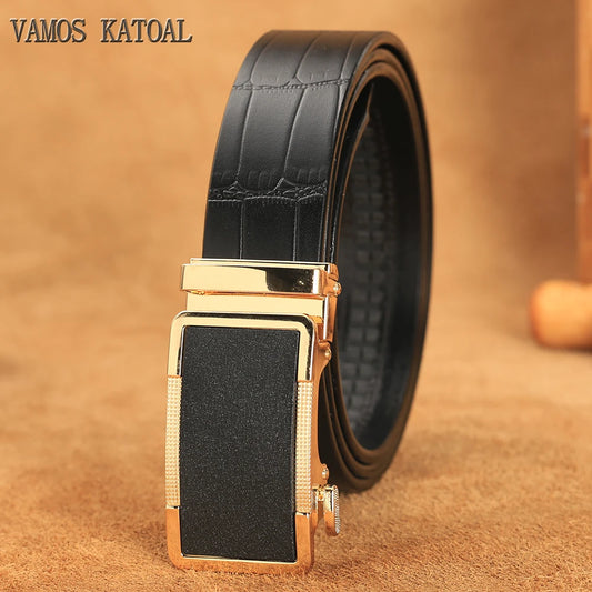 Herren Echtleder-Gürtel Krokodilmuster 3,5 cm Gold Automatik-Schnalle Rindsleder