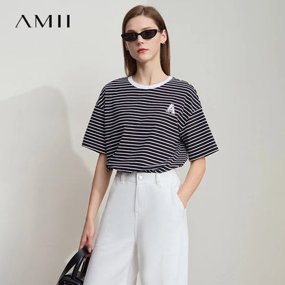 Damen T-Shirt aus reiner Baumwolle mit lässigem Streifenmuster und kurzen Ärmeln
