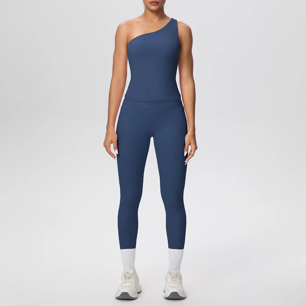 Yoga-Set mit einarmigem Top und langen Leggings, dunkelblau