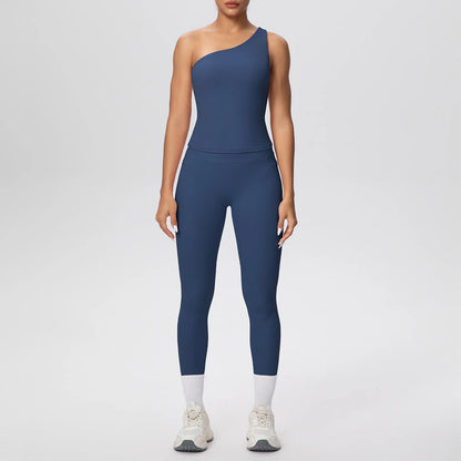 Yoga-Set mit einarmigem Top und langen Leggings, dunkelblau