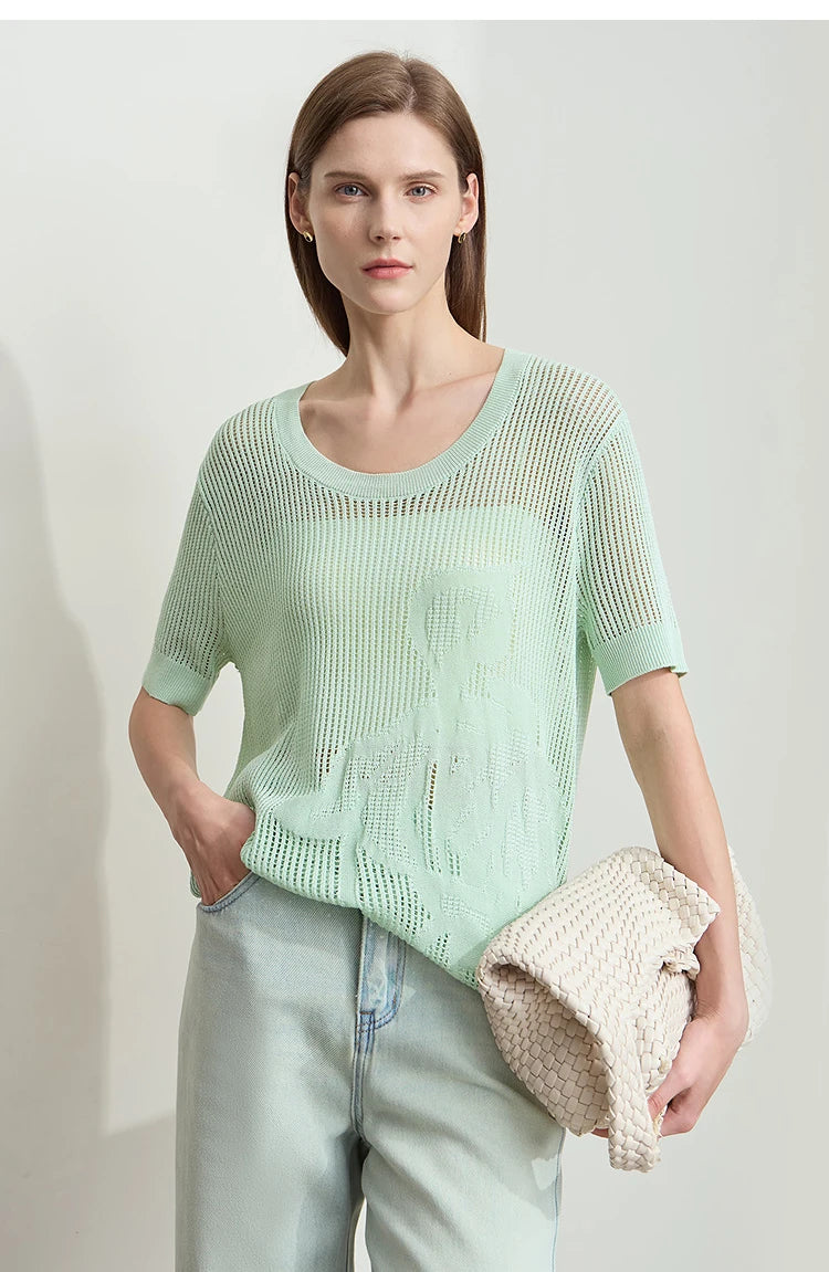 Damenpullover kurzarm, mintgrün, Rundhalsausschnitt; strukturiertes Jacquard-Lochmuster vorne