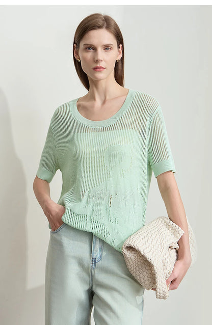 Damenpullover kurzarm, mintgrün, Rundhalsausschnitt; strukturiertes Jacquard-Lochmuster vorne
