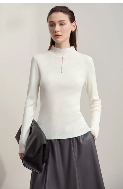 AMII Damenpullover, beiger Langarm-Pullover mit Halbrollkragen und feiner Knopfleiste