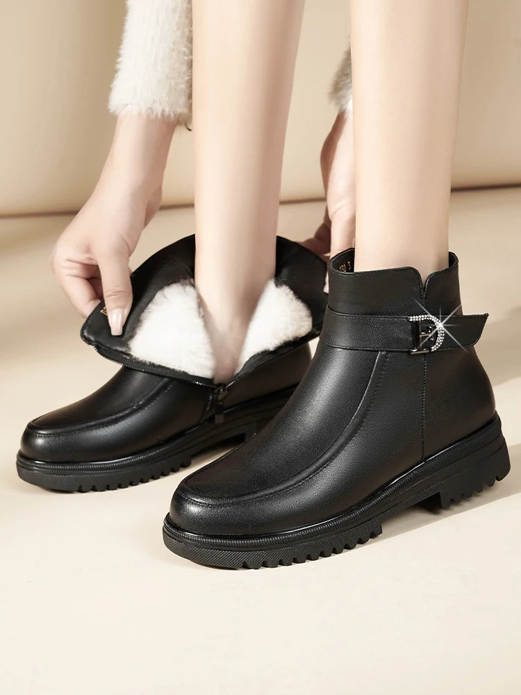 Damen Schneestiefel aus echtem Leder mit rutschfester Sohle und Wolle