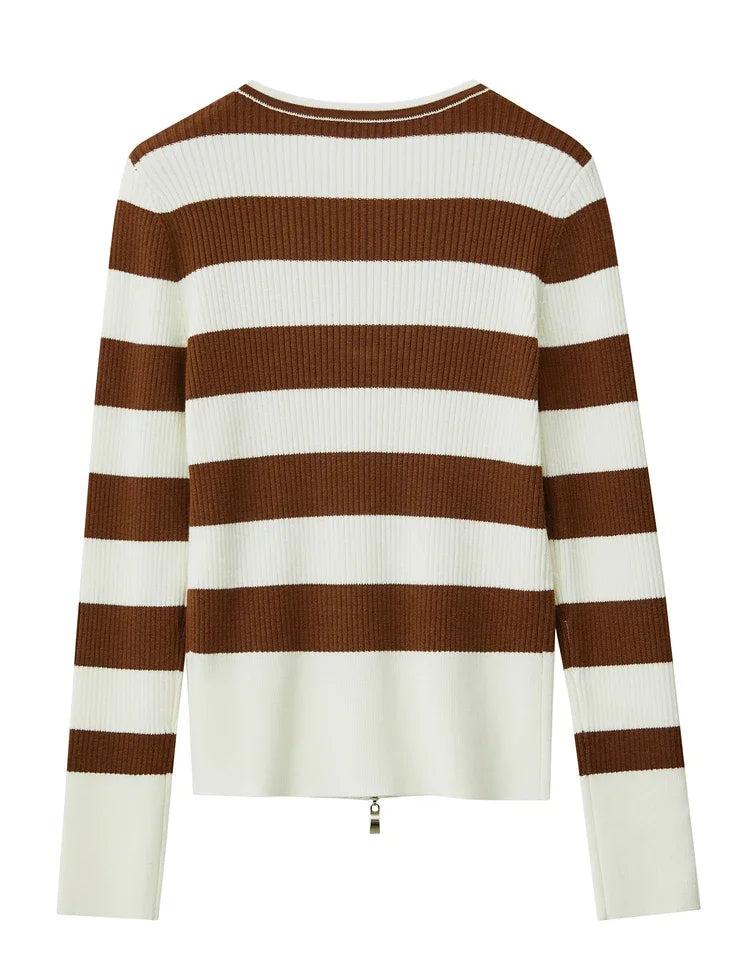 Damen-Strickjacke Kaschmir-Wolle Slim Streifen Reißverschluss Herbst