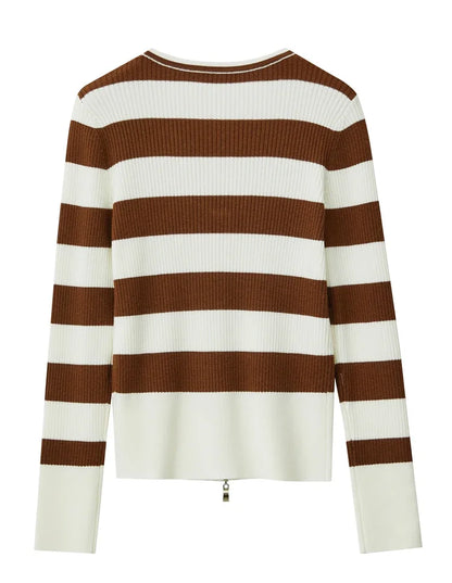 Damen-Strickjacke Kaschmir-Wolle Slim Streifen Reißverschluss Herbst