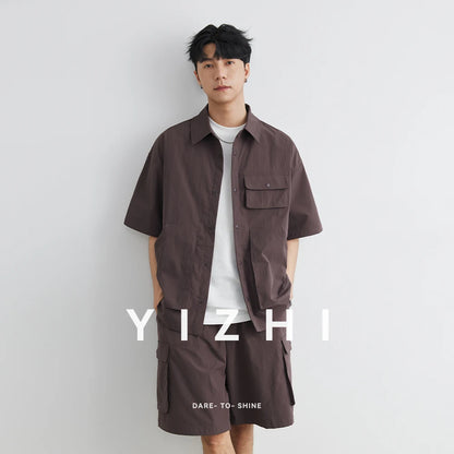 Männer Sommer Set mit losem Kurzarm Cargo-Shirt und Shorts im Casual-Stil