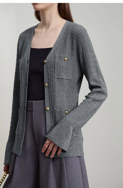Damen-Strickjacke V-Ausschnitt einfarbig gerade Langarm vielseitig Herbst