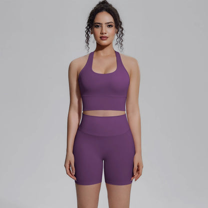 Damen-Yoga-Set: Sport-Top und kurze Leggings in Violett