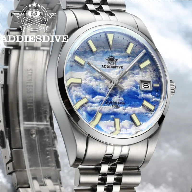 Herren-Automatikuhr mit 3D-Wolkenzifferblatt und Bubble-Glas