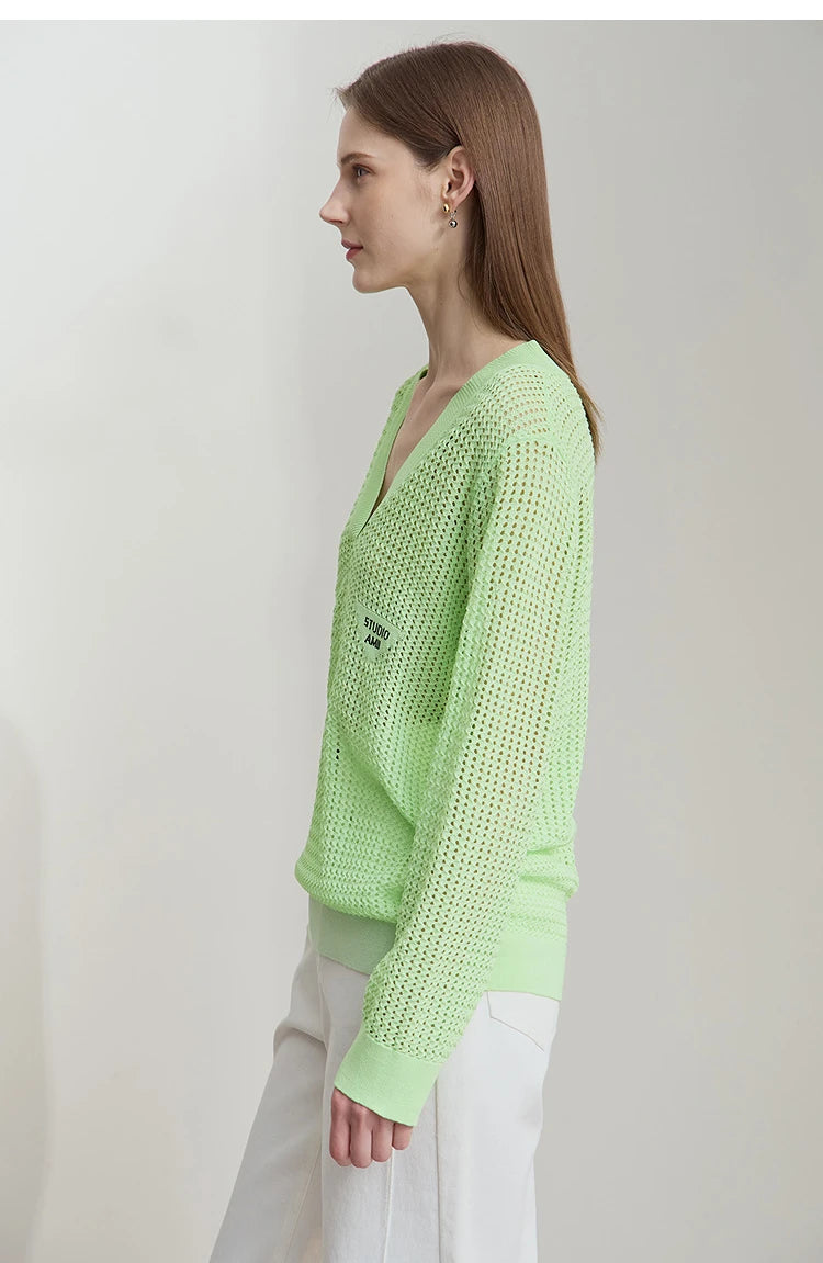 Damen-Strickpullover mit V-Ausschnitt, langarm, lockeres Lochmuster, hellgrün