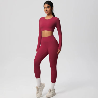 Yoga-Set mit langarmigem Crop-Top und Leggings, weinrot