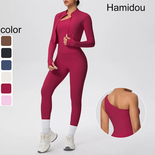 Damen-Yoga-Set: bordeauxrotes Langarmoberteil mit offener Jacke und Leggings