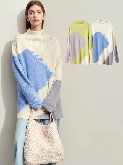 Damen-Rollkragenpullover Stickerei locker Winter Wolle-Mix