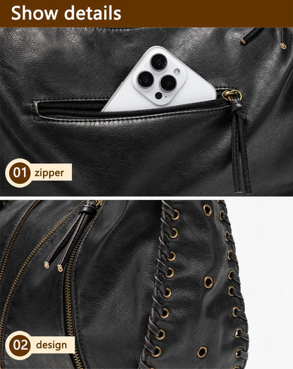 Damen-Hobo-Handtasche Vintage-Stil aus weichem Kunstleder mit geflochtenem Tragegurt und Mehrfach-Reißverschlussfächern