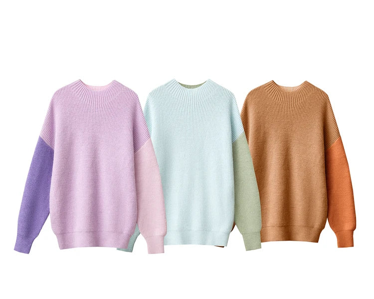 Set aus drei Strickpullovern: flieder, hellblau und karamellbraun, Rundhalsausschnitt, lange Ärmel