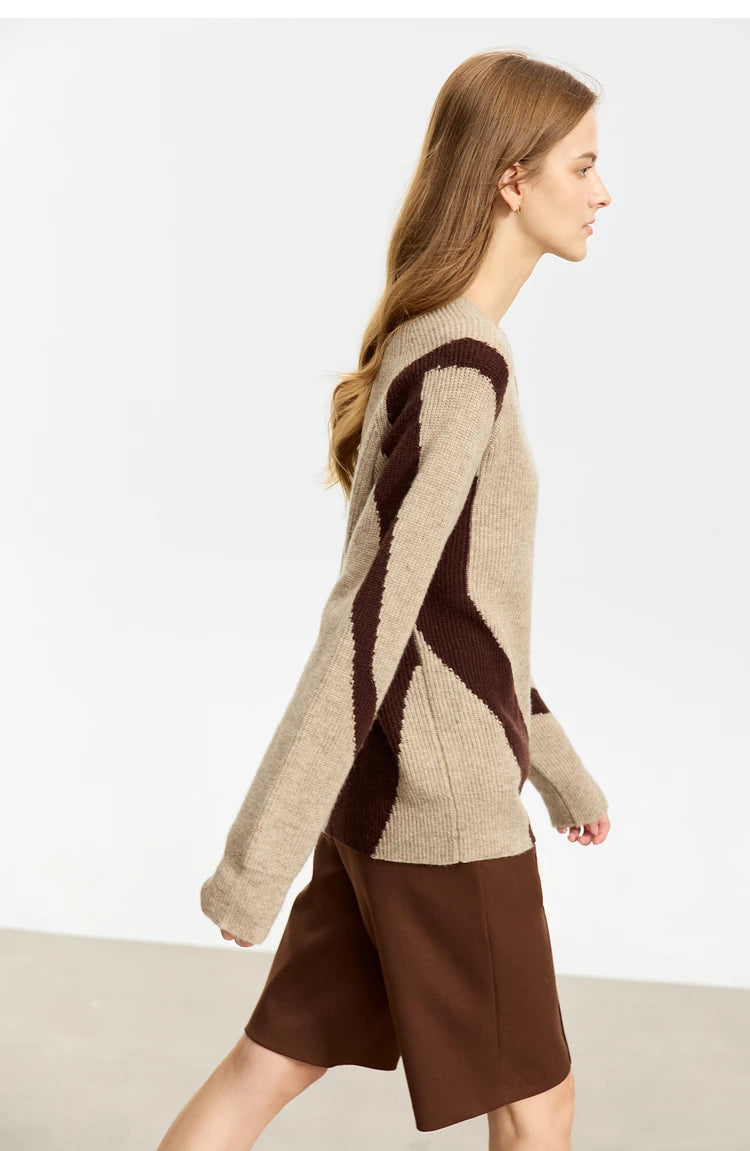 Damen-Rundhalspullover Wolle Yak asymmetrisch Patchwork locker Winter