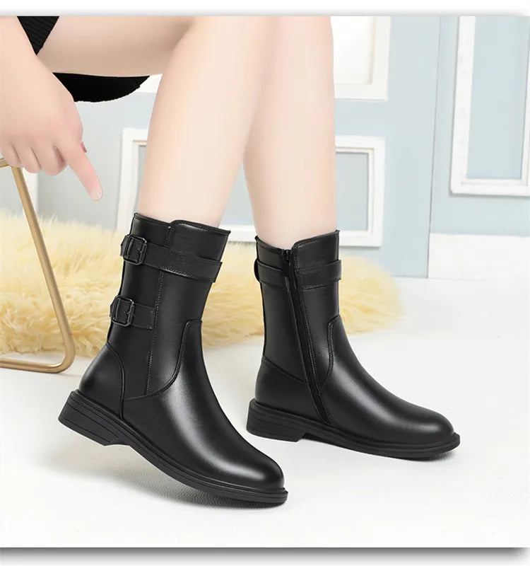 Frauen Stiefeletten aus echtem Leder mit rutschfester Sohle und dicker Wolle