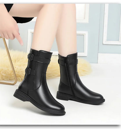 Frauen Stiefeletten aus echtem Leder mit rutschfester Sohle und dicker Wolle