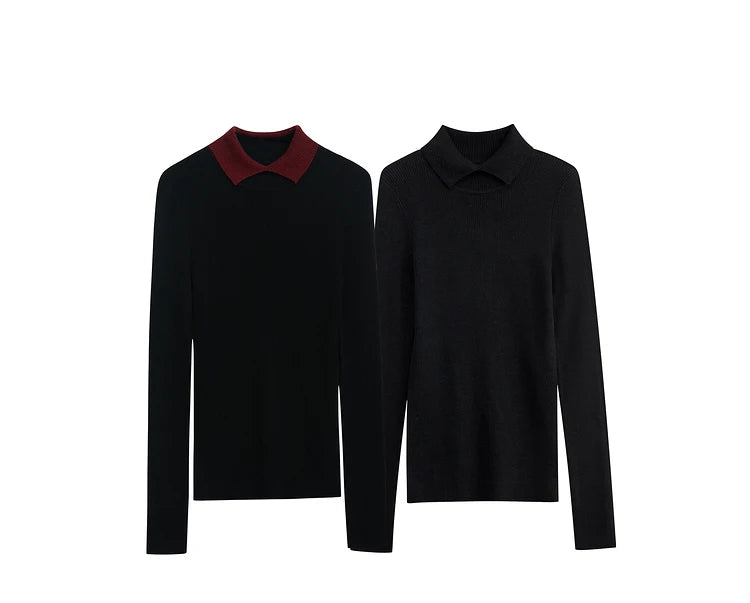 Damenpullover mit Umlegekragen und Farbkontrast am Kragen, schwarzer Strick