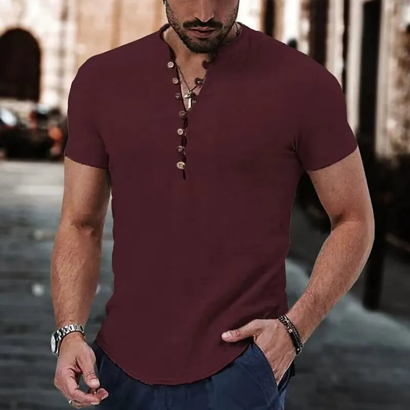 Lässiges Herren-Sommerhemd mit Stehkragen aus Baumwoll-Leinen-Mix – ideal für den Alltag