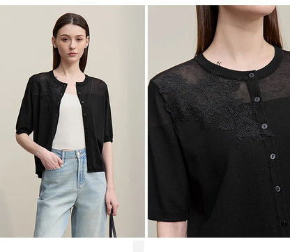 Damen-Strickjacke Viskose Spitzen-Patchwork Kurzarm offen Büro Sommer