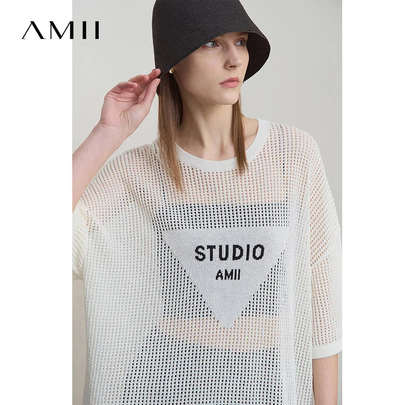 Damen-Rundhalspullover Buchstaben-Jacquard Halbarm locker Sommer