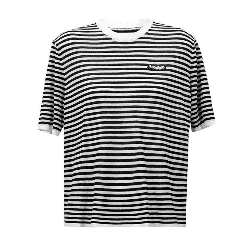 Damen-Rundhalspullover Colorblock Streifen Kurzarm locker Viskose Sommer