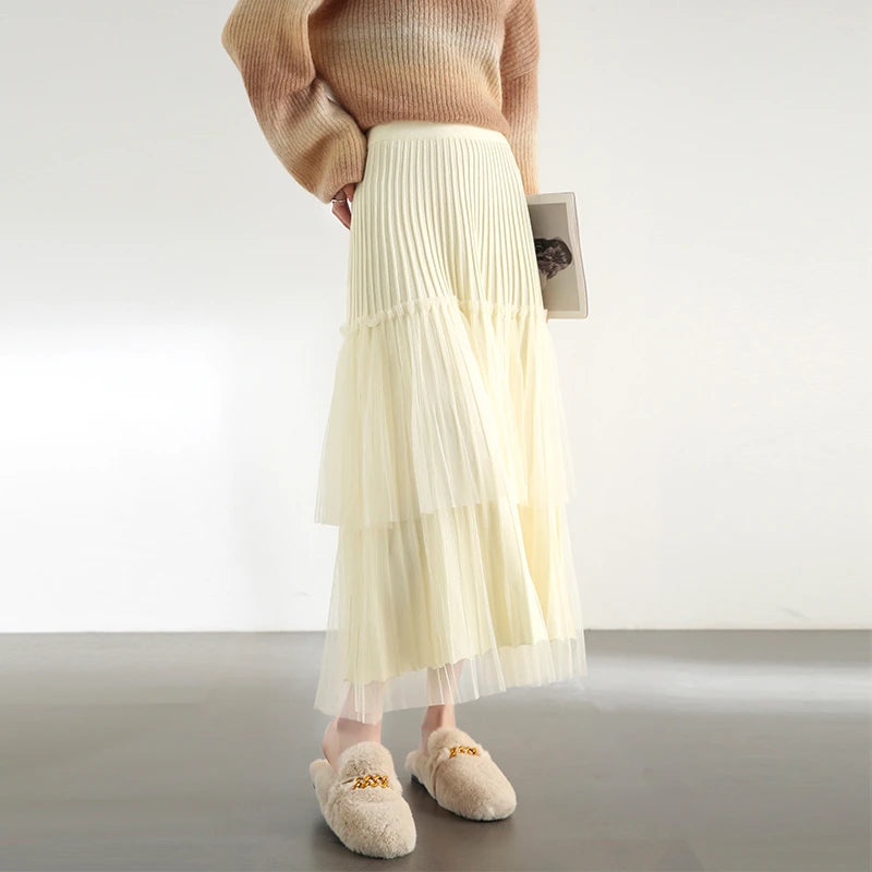 Damen A-Linien-Rock mit Plissee-Details im eleganten Patchwork-Mesh-Design